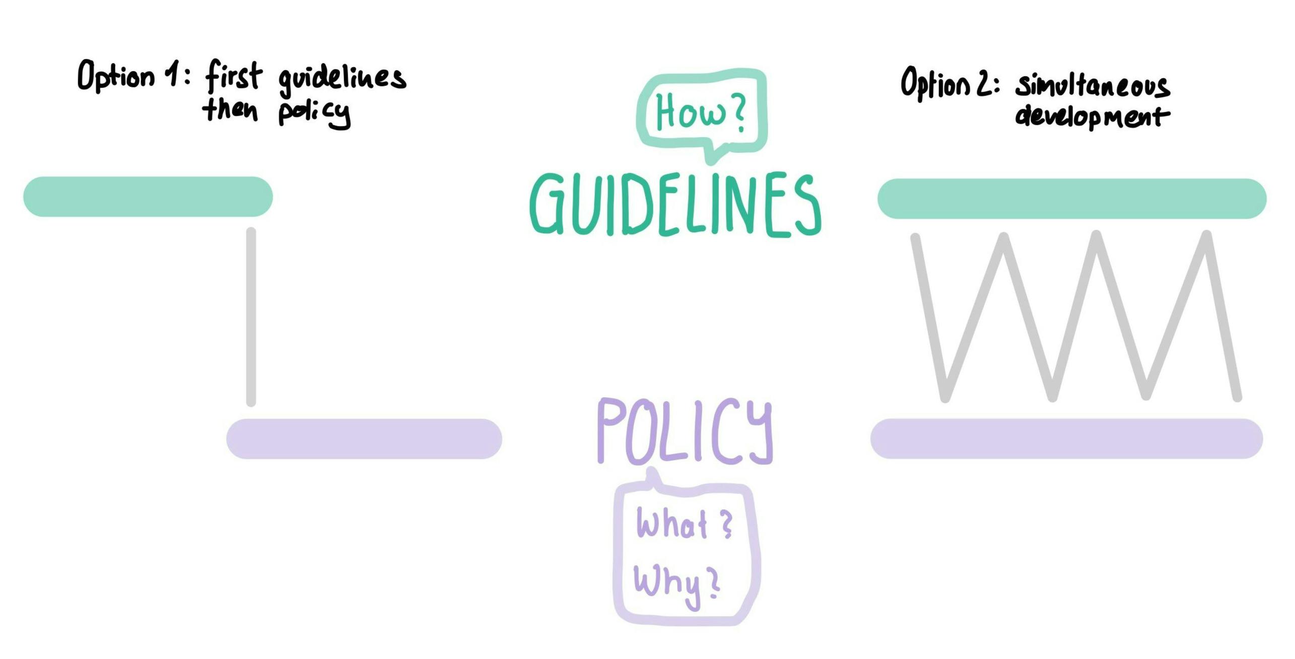 Option 1: First guidelines, then policy, Option 2: Simlutaneous development